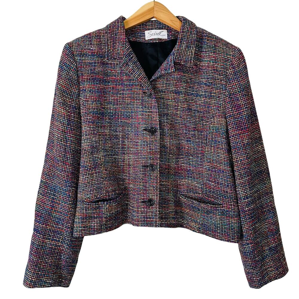Soiree Vintage 100% Silk Rainbow Multicolor Made in USA Blazer Jacket Size L - Picture 1 of 6